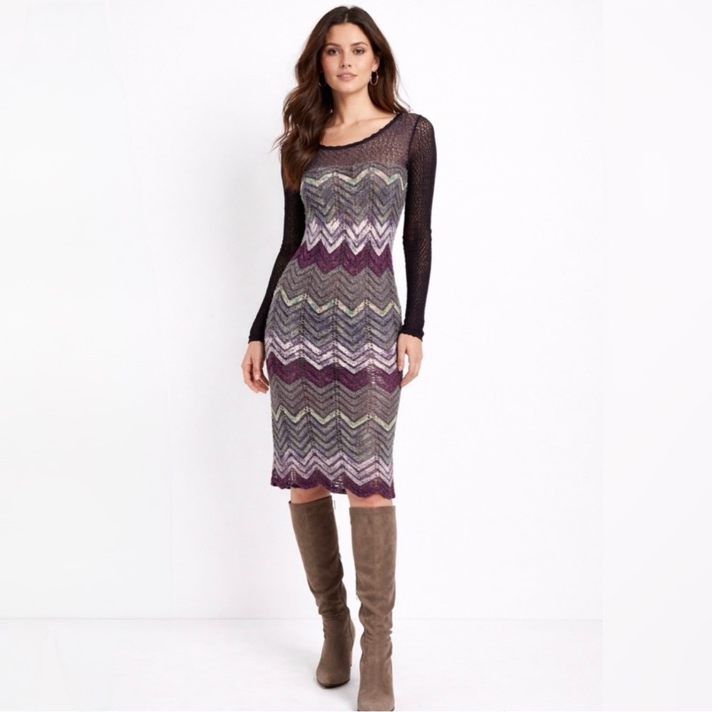 Free People Chevron Crochet Knit Sheer Long Sleeve Dress Sz M💛